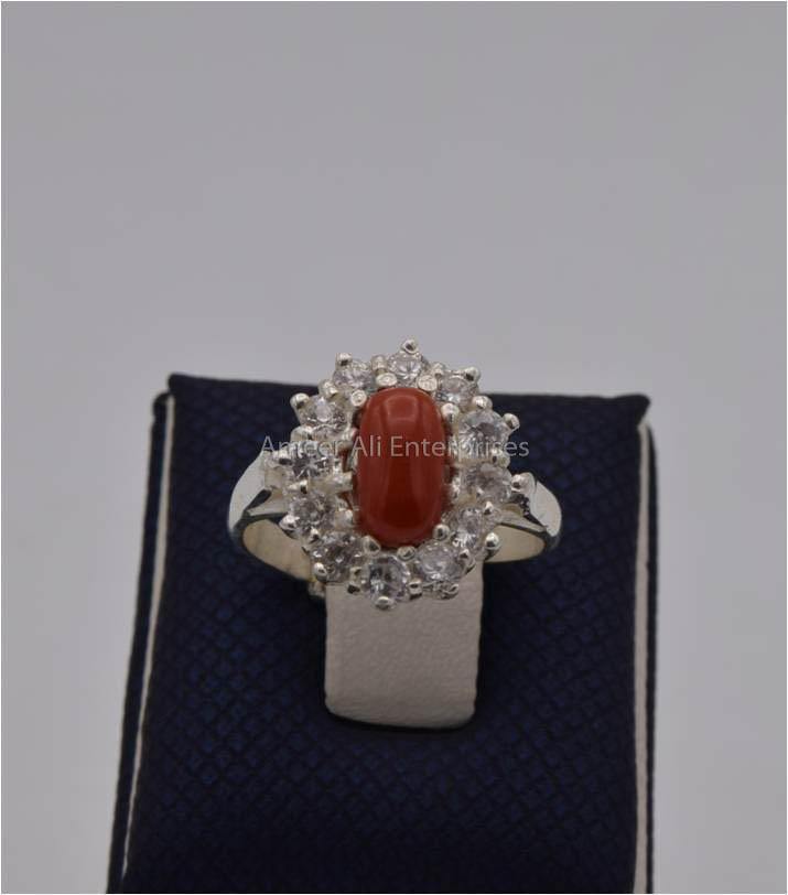 AAE 1218 Chandi Ring 925, Stone: Marjan (Coral) - AmeerAliEnterprises