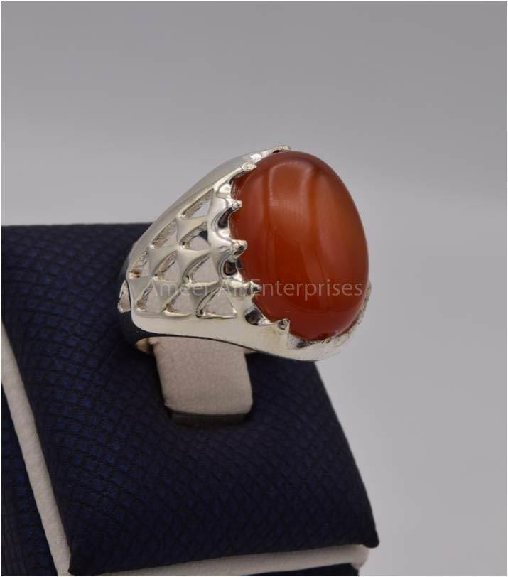 AAE 1137 Chandi Ring 925, Stone: Red Aqeeq - AmeerAliEnterprises