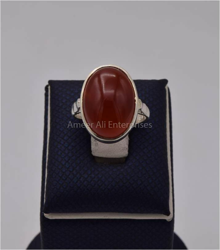 AAE 5740 Chandi Ring 925, Stone: Red Aqeeq - AmeerAliEnterprises