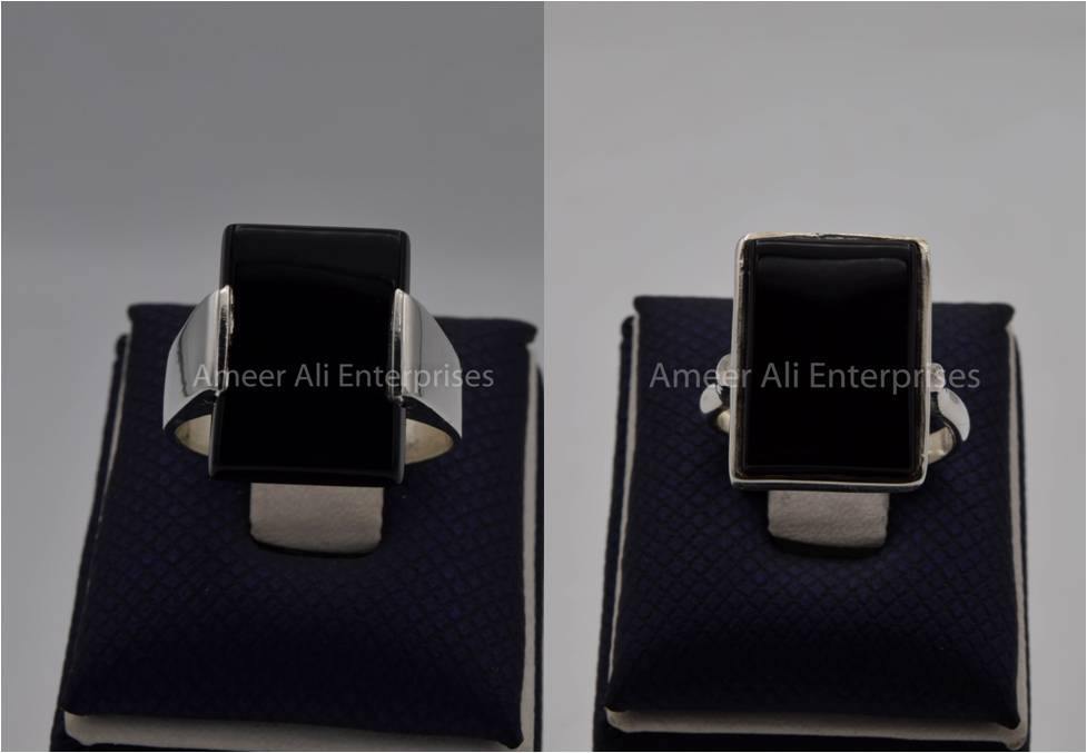 Silver Couple Rings: Pair 89, Stone: Black Aqeeq (Agate) - AmeerAliEnterprises