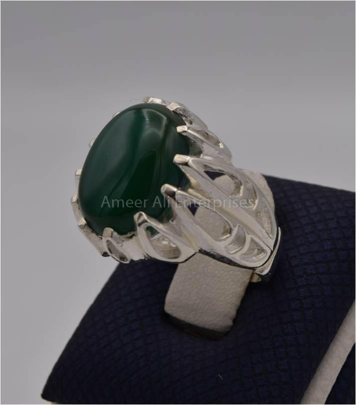 AAE 3114 Chandi Ring 925, Stone: Green Aqeeq - AmeerAliEnterprises