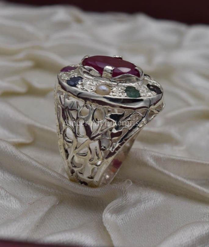 AAE 1593 Chandi Ring 925, Stone: Navratan (Nine Original Stones) - AmeerAliEnterprises