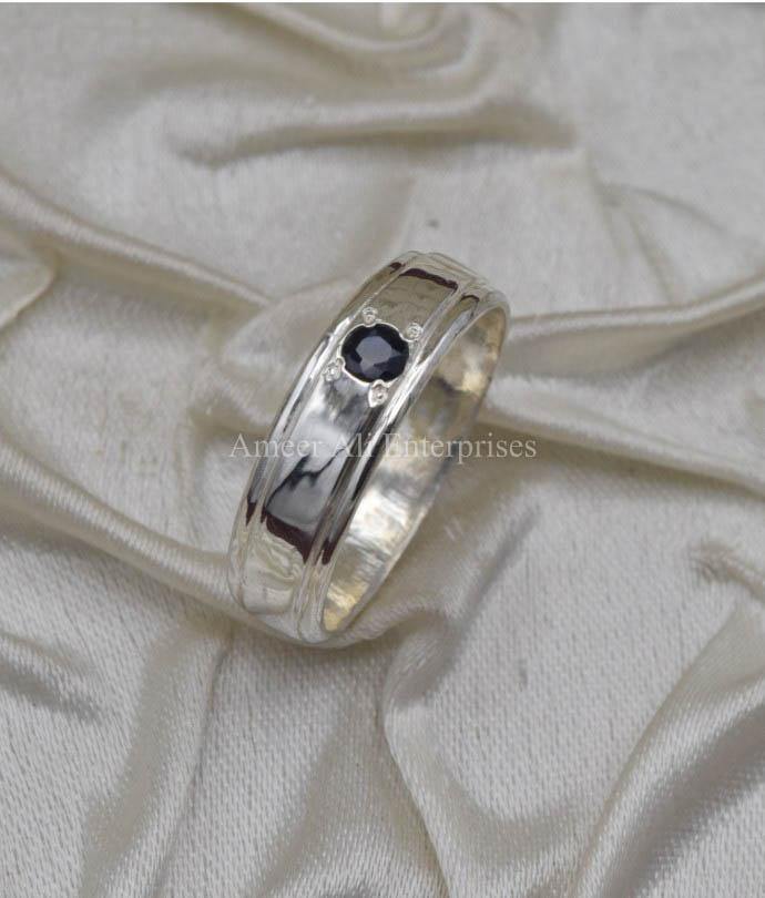 AAE 1435 Chandi Ring 925, Stone: Blue Sapphire (Neelam) - AmeerAliEnterprises