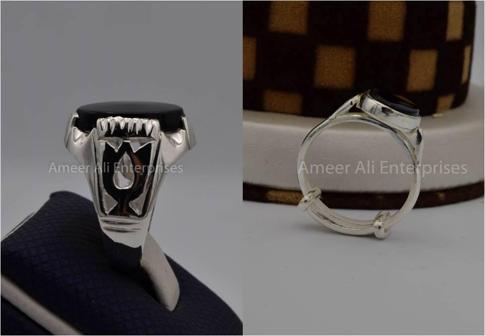 Silver Couple Rings: Pair 90, Stone: Black Aqeeq (Agate) - AmeerAliEnterprises