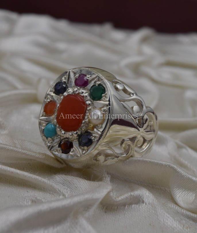 AAE 1603 Chandi Ring 925, Stone: Navratan (Nine Original Stones) - AmeerAliEnterprises