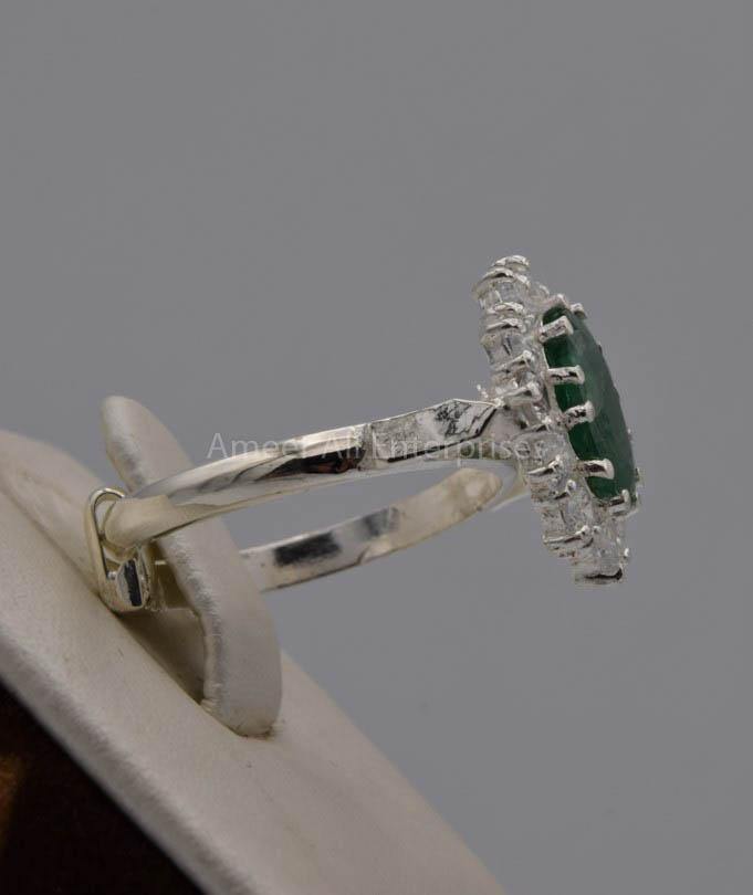 AAE 7525 Chandi Ring 925, Stone Emerald (Zamurd) - AmeerAliEnterprises