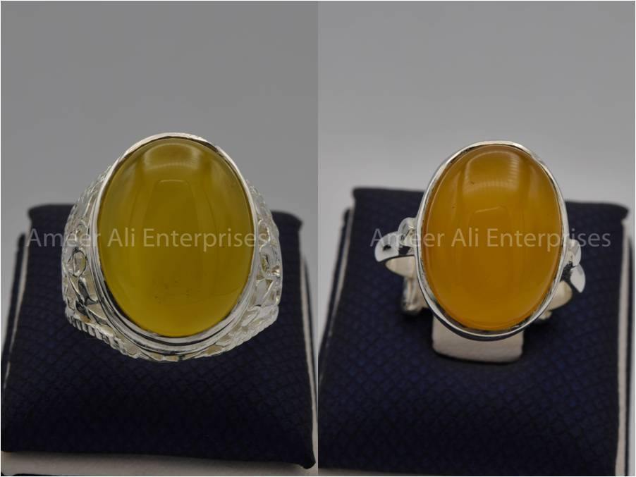 Silver Couple Rings: Pair 62, Stone: Yellow Aqeeq (Agate) - AmeerAliEnterprises