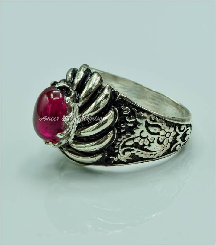 AAE 6770 CHANDI RING 925, STONE: IRANI POOTA YAQOOT (ANARI YAQOOT) - AmeerAliEnterprises