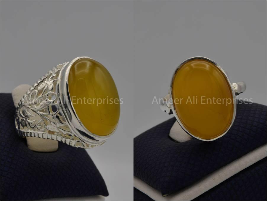 Silver Couple Rings: Pair 62, Stone: Yellow Aqeeq (Agate) - AmeerAliEnterprises