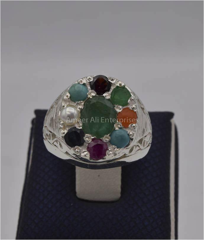 AAE 2255 Chandi Ring, Stone: Navratan (Nine Original Stones) - AmeerAliEnterprises