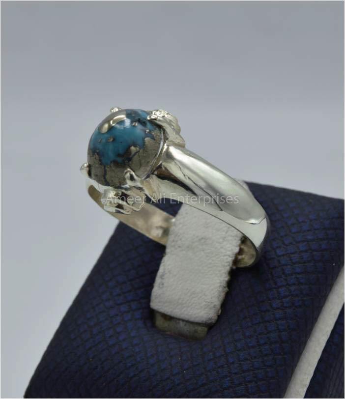 AAE 5853 Chandi Ring 925, Stone: Shajri Feroza - AmeerAliEnterprises