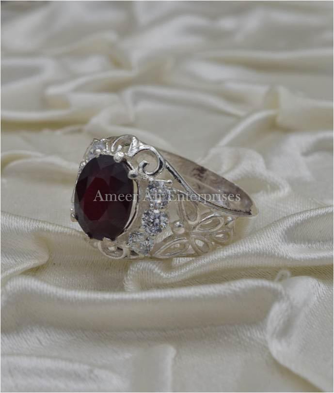 AAE 1136 Chandi Ring 925, Stone: Ruby (Yaqoot) - AmeerAliEnterprises