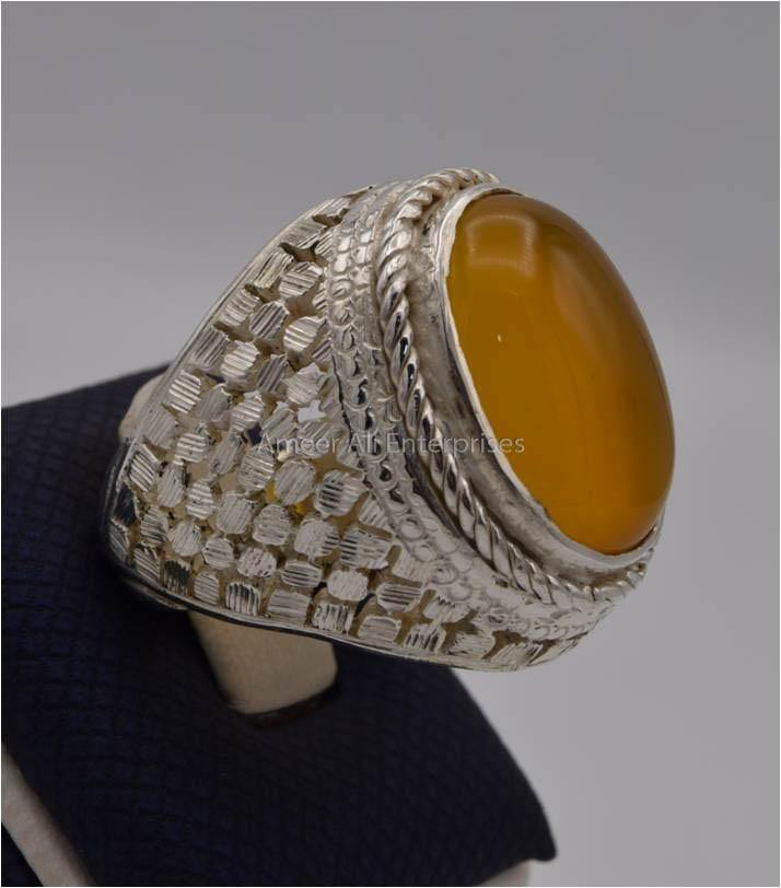 AAE 2312 Chandi Ring 925, Stone: Yellow Aqeeq - AmeerAliEnterprises