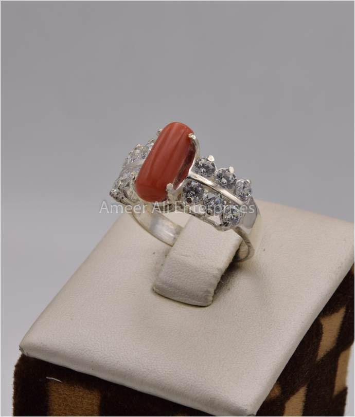 AAE 2506 Chandi Ring 925, Stone: Marjan (Coral) - AmeerAliEnterprises
