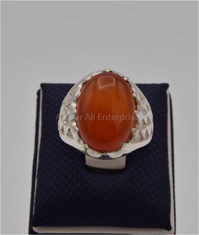 AAE 1137 Chandi Ring 925, Stone: Red Aqeeq - AmeerAliEnterprises