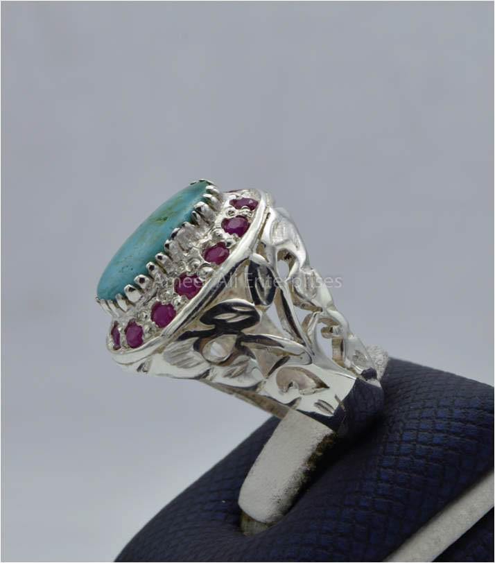 AAE 5795 Chandi Ring 925, Stone: Shajri Feroza - AmeerAliEnterprises