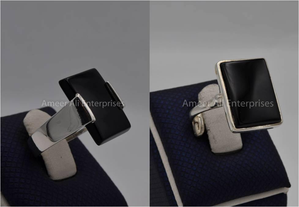 Silver Couple Rings: Pair 89, Stone: Black Aqeeq (Agate) - AmeerAliEnterprises