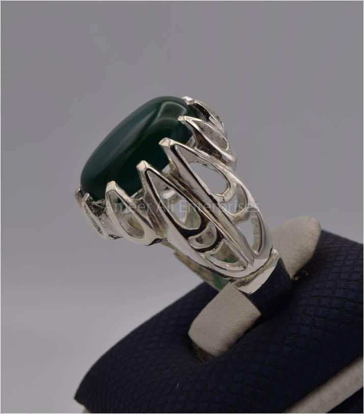 AAE 3114 Chandi Ring 925, Stone: Green Aqeeq - AmeerAliEnterprises