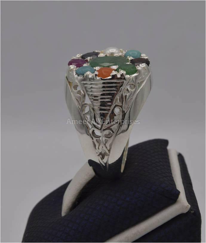 AAE 2255 Chandi Ring, Stone: Navratan (Nine Original Stones) - AmeerAliEnterprises
