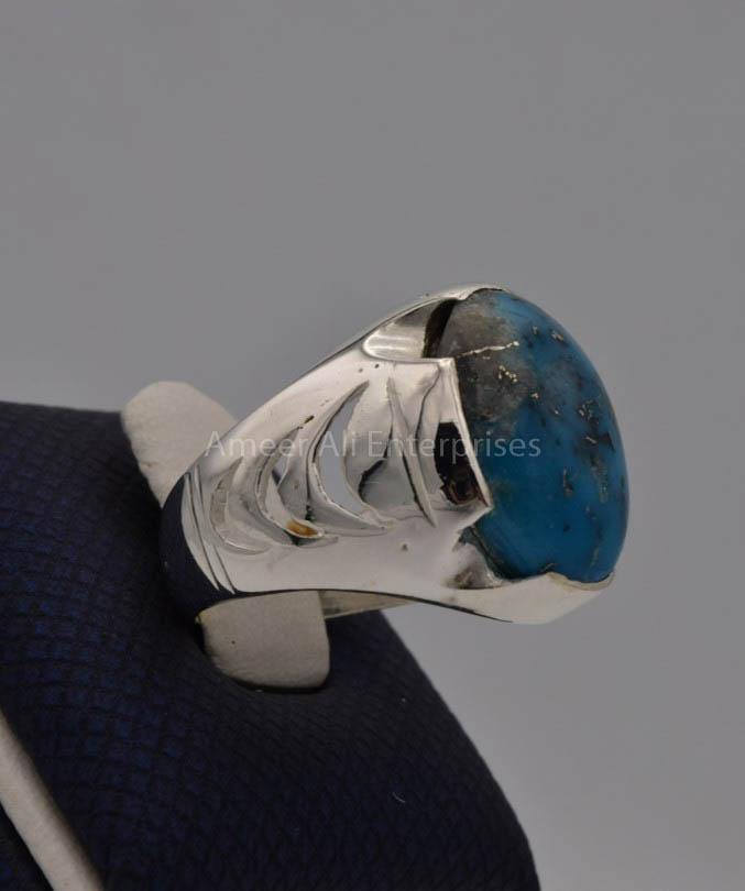 AAE 7731 Chandi Ring 925, Stone: Shajri Feroza (Turquoise) - AmeerAliEnterprises