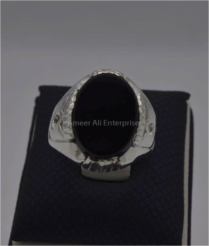 AAE 9591 Chandi Ring 925, Stone: Black Aqeeq - AmeerAliEnterprises