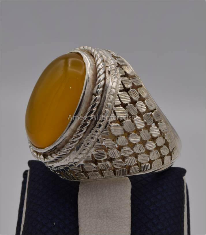 AAE 2312 Chandi Ring 925, Stone: Yellow Aqeeq - AmeerAliEnterprises