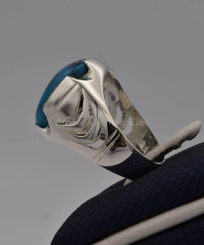 AAE 7731 Chandi Ring 925, Stone: Shajri Feroza (Turquoise) - AmeerAliEnterprises