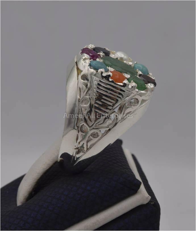 AAE 2255 Chandi Ring, Stone: Navratan (Nine Original Stones) - AmeerAliEnterprises