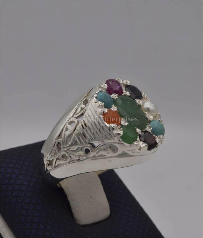 AAE 2255 Chandi Ring, Stone: Navratan (Nine Original Stones) - AmeerAliEnterprises