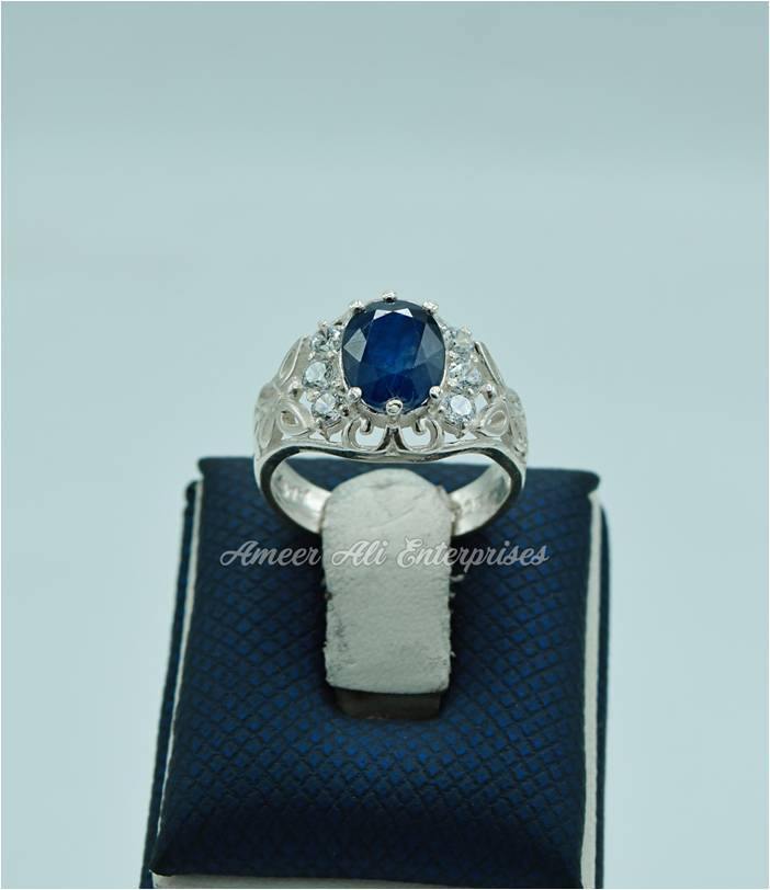 AAE 0543 Chandi Ring 925, Stone: Blue Sapphire (Neelam) - AmeerAliEnterprises