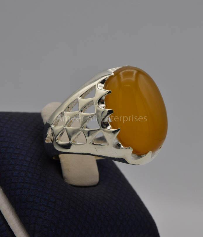 AAE 6533 Chandi Ring 925, Stone: Yellow Aqeeq - AmeerAliEnterprises