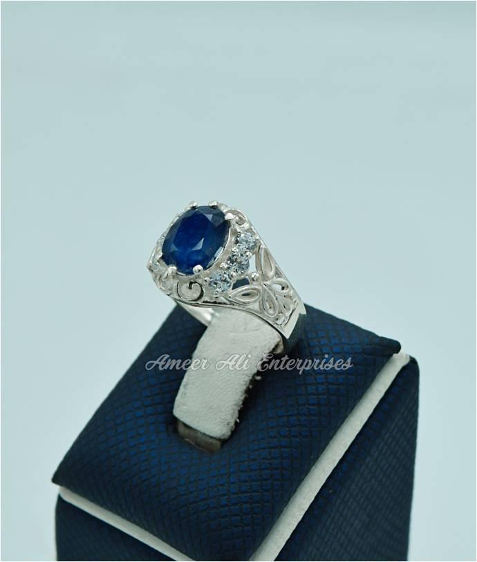 AAE 0543 Chandi Ring 925, Stone: Blue Sapphire (Neelam) - AmeerAliEnterprises