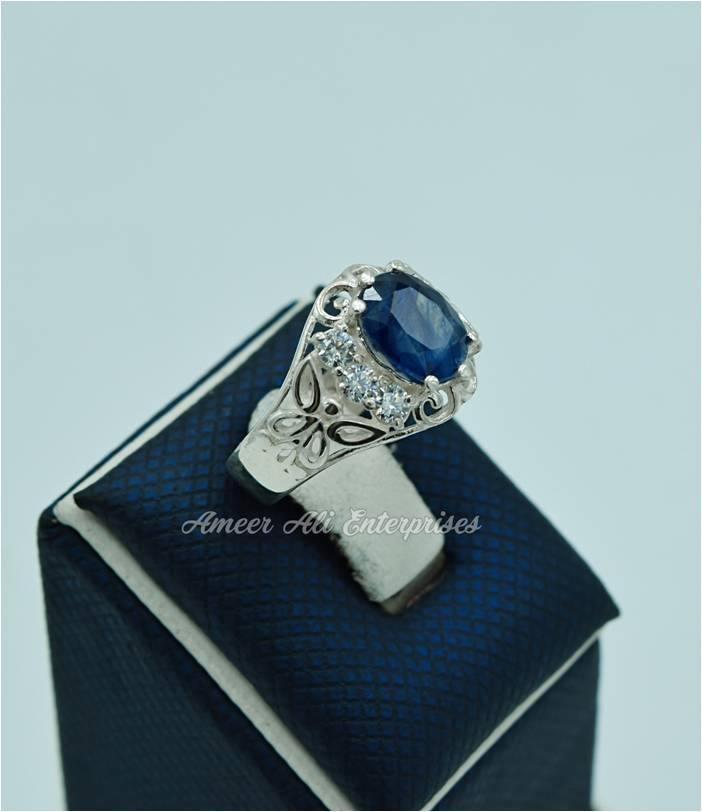 AAE 0543 Chandi Ring 925, Stone: Blue Sapphire (Neelam) - AmeerAliEnterprises