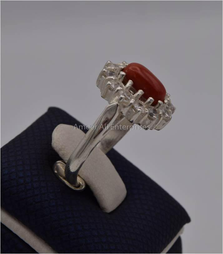AAE 1218 Chandi Ring 925, Stone: Marjan (Coral) - AmeerAliEnterprises