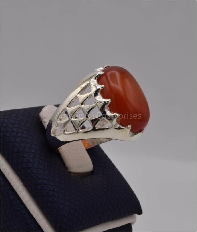 AAE 1137 Chandi Ring 925, Stone: Red Aqeeq - AmeerAliEnterprises