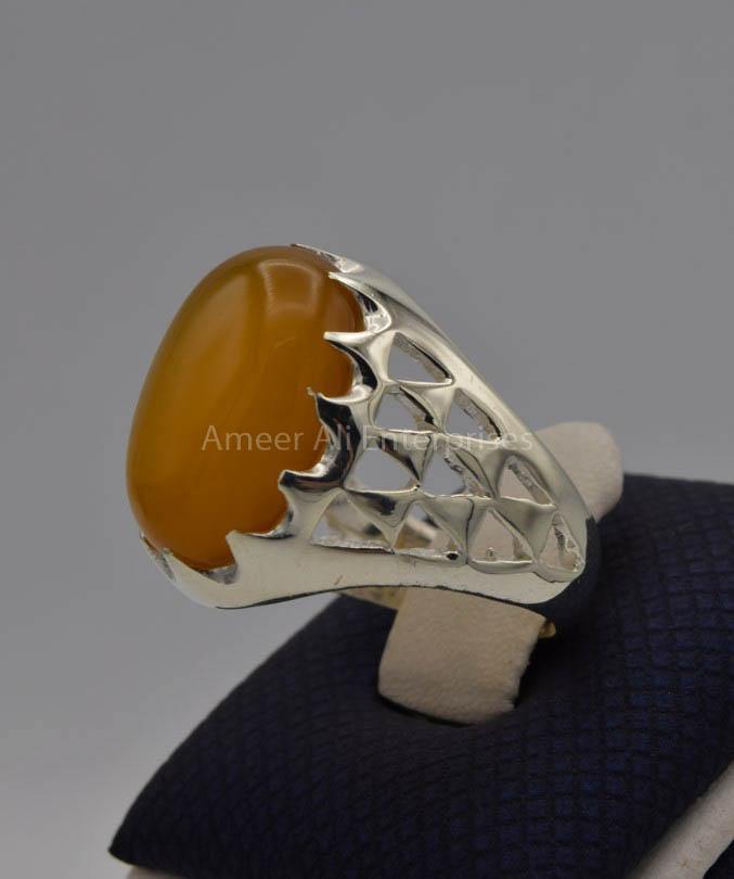 AAE 6533 Chandi Ring 925, Stone: Yellow Aqeeq - AmeerAliEnterprises