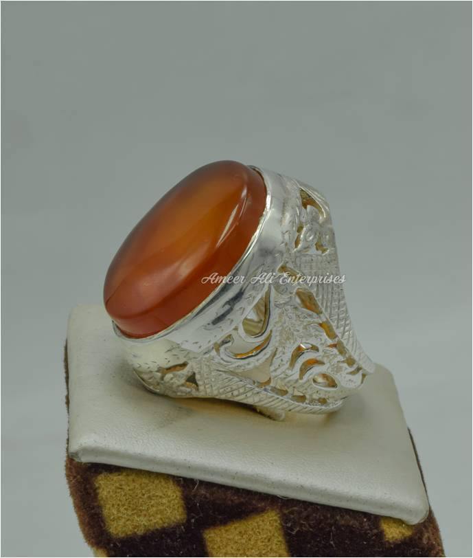 AAE 6158 Chandi Ring 925, Stone: Red Aqeeq - AmeerAliEnterprises