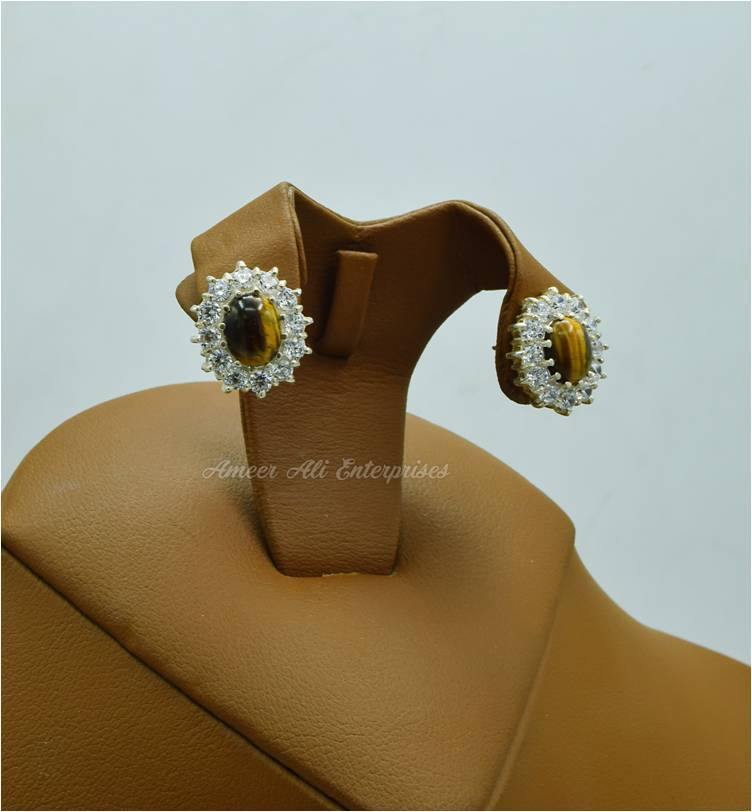 AAE 5775 Chandi Earrings 925, Stone: Tiger's Eye - AmeerAliEnterprises