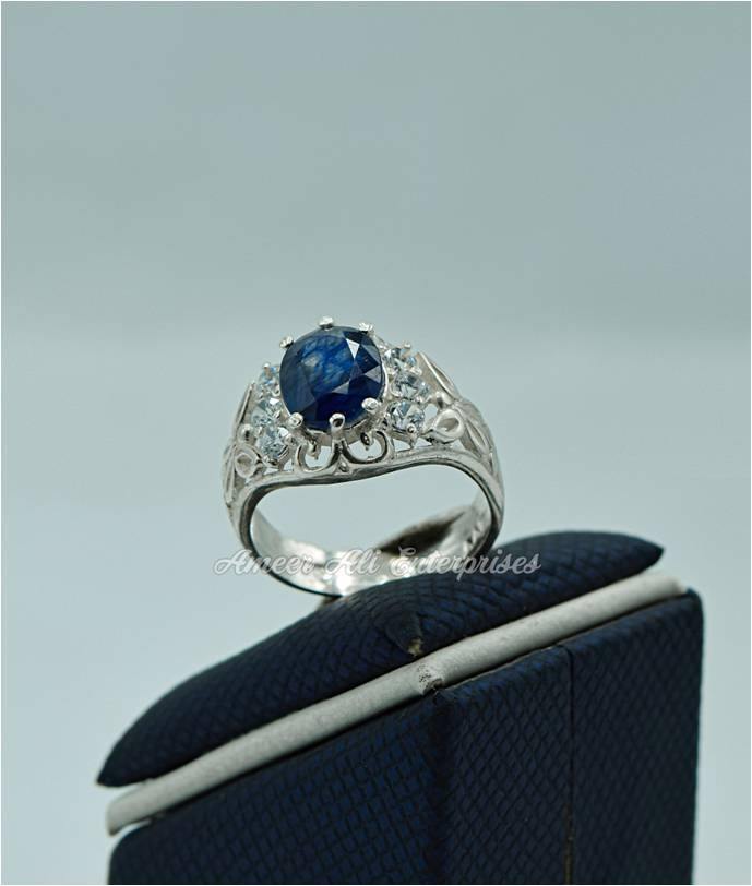 AAE 0543 Chandi Ring 925, Stone: Blue Sapphire (Neelam) - AmeerAliEnterprises