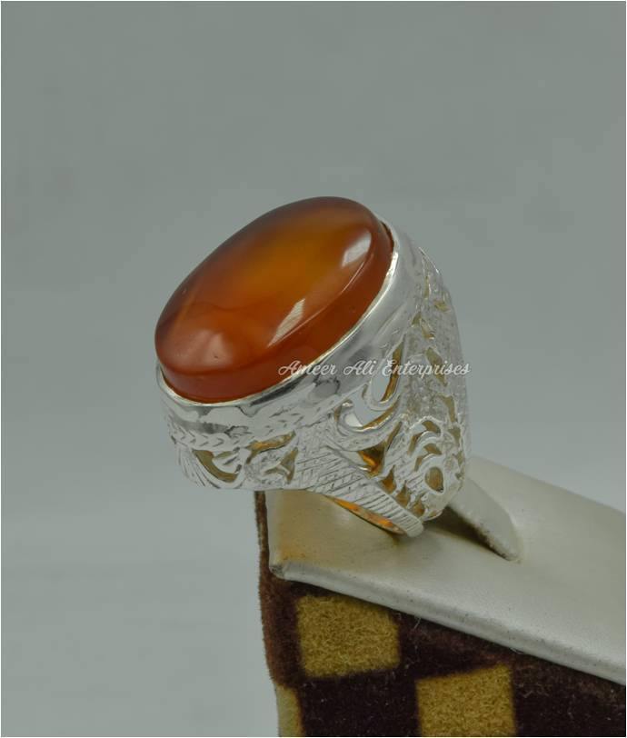 AAE 6158 Chandi Ring 925, Stone: Red Aqeeq - AmeerAliEnterprises