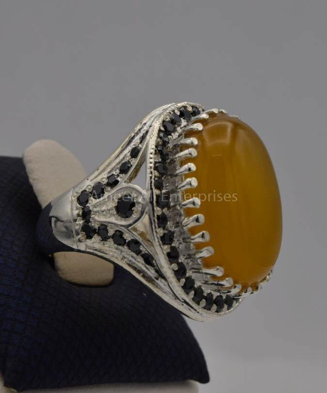AAE 6534 Chandi Ring, Stone: Zard Aqeeq - AmeerAliEnterprises