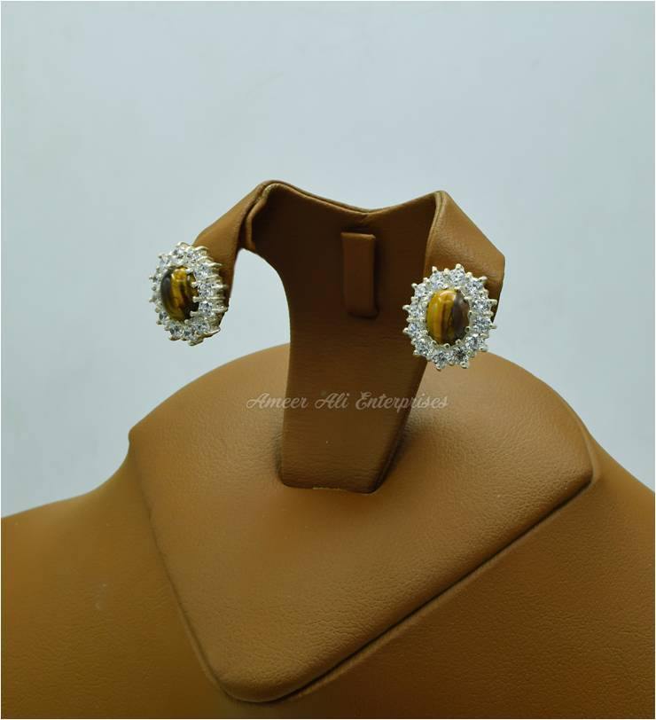 AAE 5775 Chandi Earrings 925, Stone: Tiger's Eye - AmeerAliEnterprises