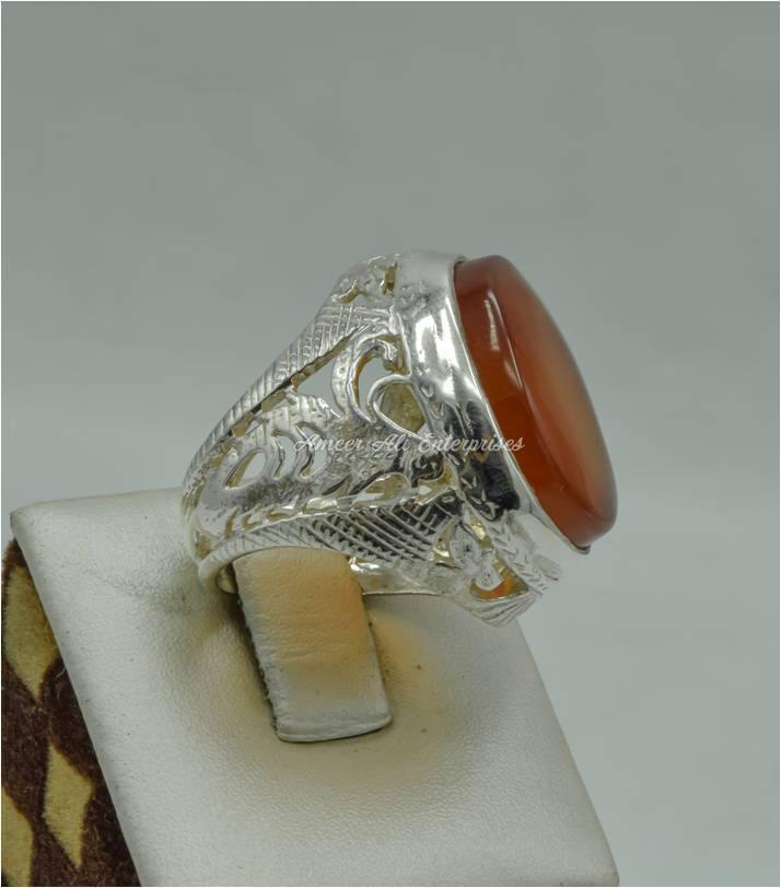AAE 6158 Chandi Ring 925, Stone: Red Aqeeq - AmeerAliEnterprises