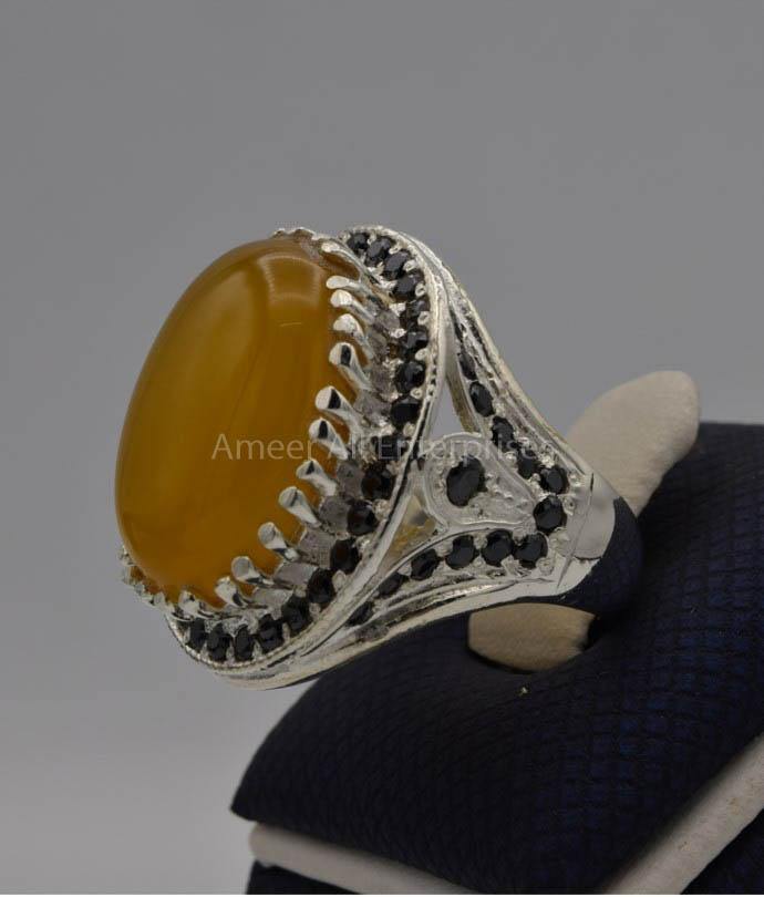 AAE 6534 Chandi Ring, Stone: Zard Aqeeq - AmeerAliEnterprises