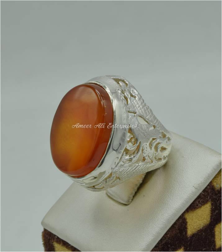 AAE 6158 Chandi Ring 925, Stone: Red Aqeeq - AmeerAliEnterprises