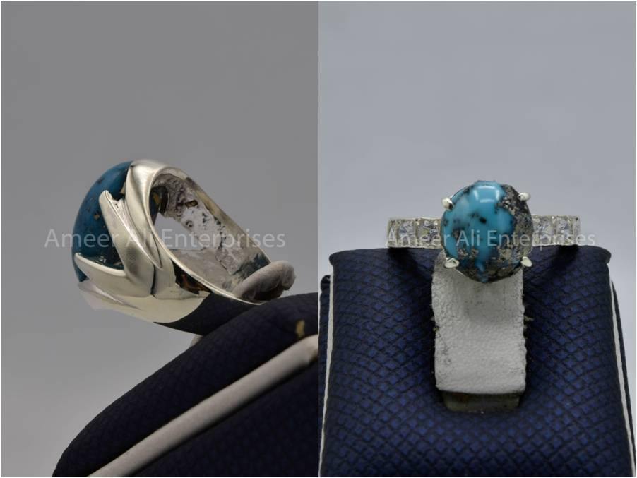 Silver Couple Rings: Pair 140, Stone: Shajri Feroza - AmeerAliEnterprises