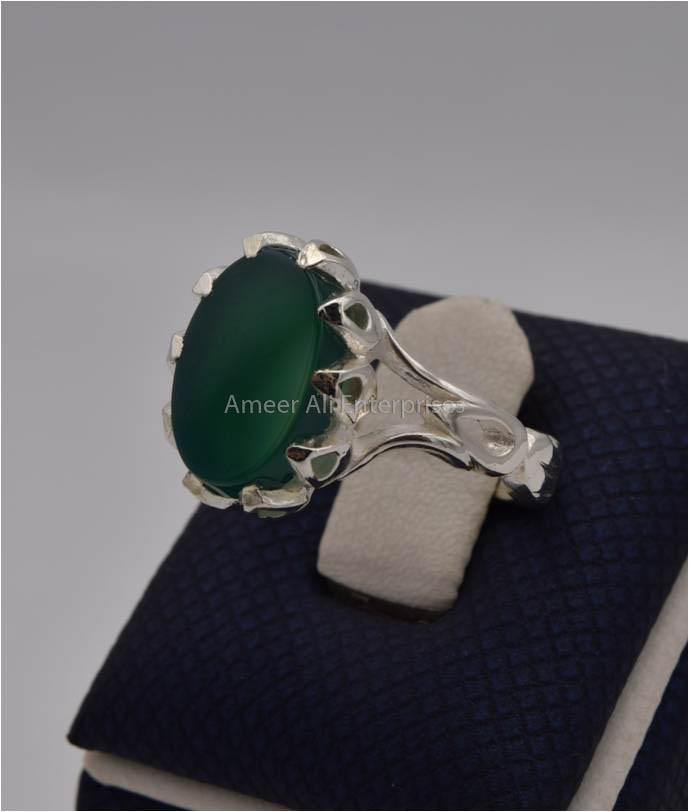 AAE 2316 Chandi Ring 925, Stone: Green Aqeeq - AmeerAliEnterprises
