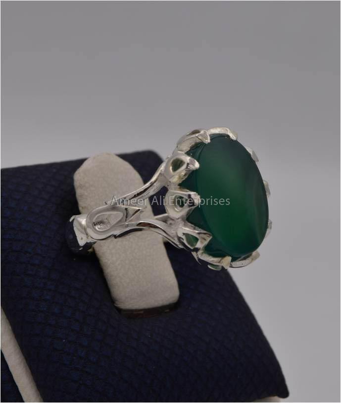 AAE 2316 Chandi Ring 925, Stone: Green Aqeeq - AmeerAliEnterprises