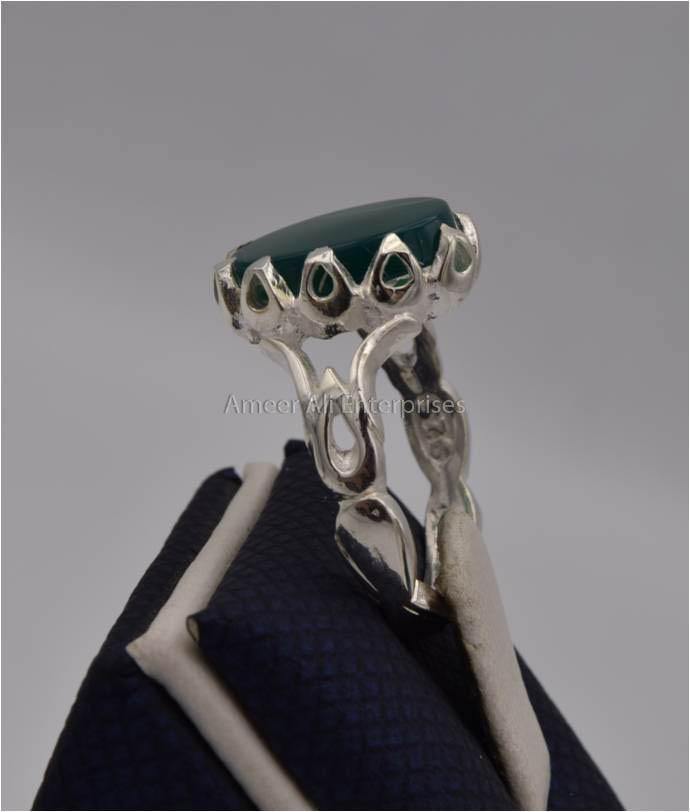 AAE 2316 Chandi Ring 925, Stone: Green Aqeeq - AmeerAliEnterprises