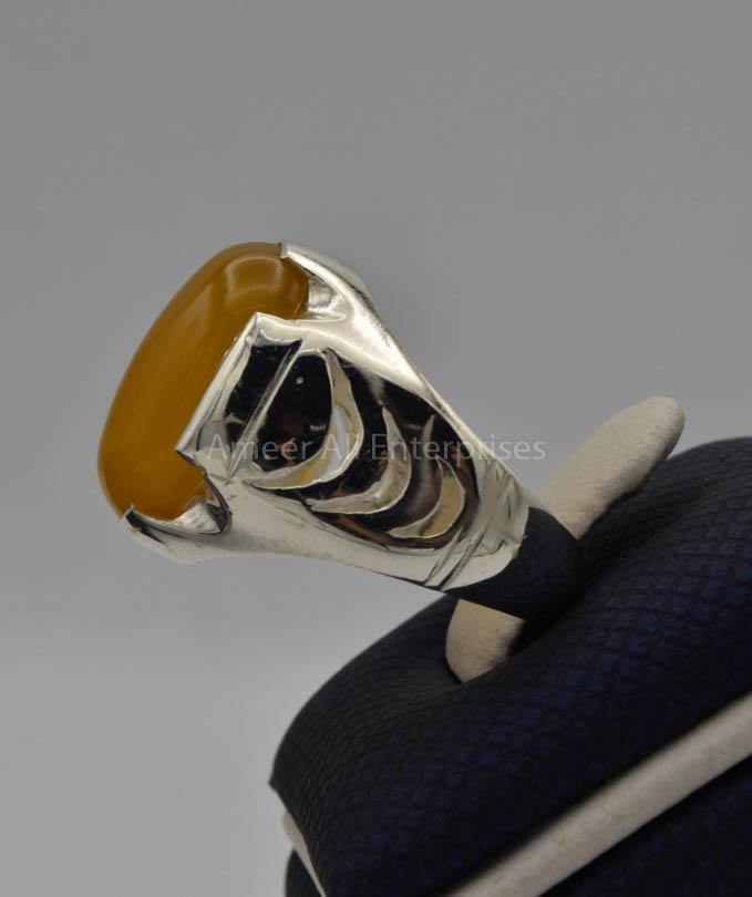 AAE 6535 Chandi Ring 925, Stone: Yellow Aqeeq - AmeerAliEnterprises